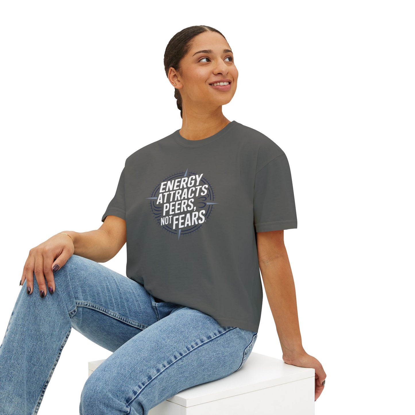 Energy Attracts Women's Boxy Tee - Positive Vibe Shirt, Casual Wear, Motivational Top, Gift for Friends, Stylish Everyday Tee
