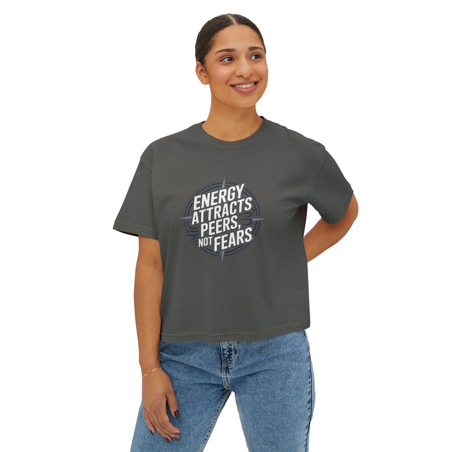 Energy Attracts Women's Boxy Tee - Positive Vibe Shirt, Casual Wear, Motivational Top, Gift for Friends, Stylish Everyday Tee