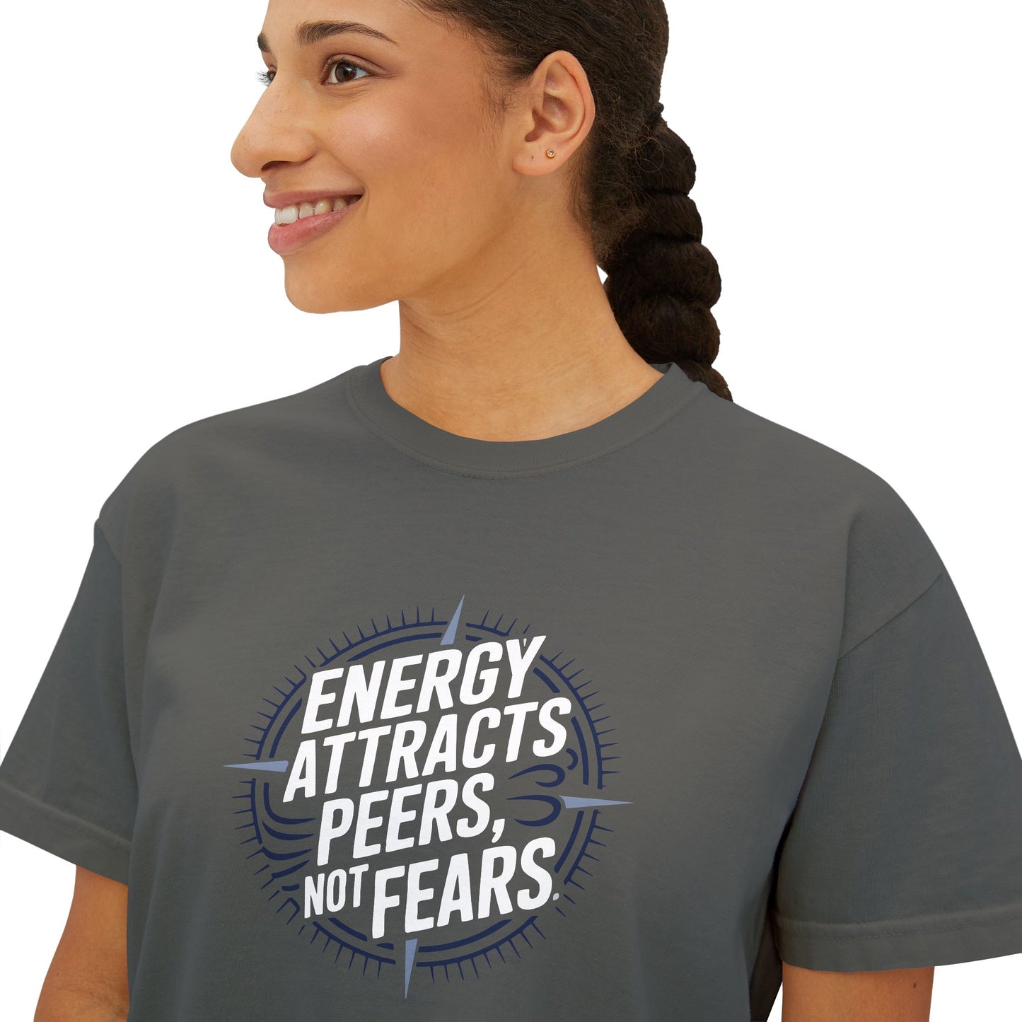Energy Attracts Women's Boxy Tee - Positive Vibe Shirt, Casual Wear, Motivational Top, Gift for Friends, Stylish Everyday Tee
